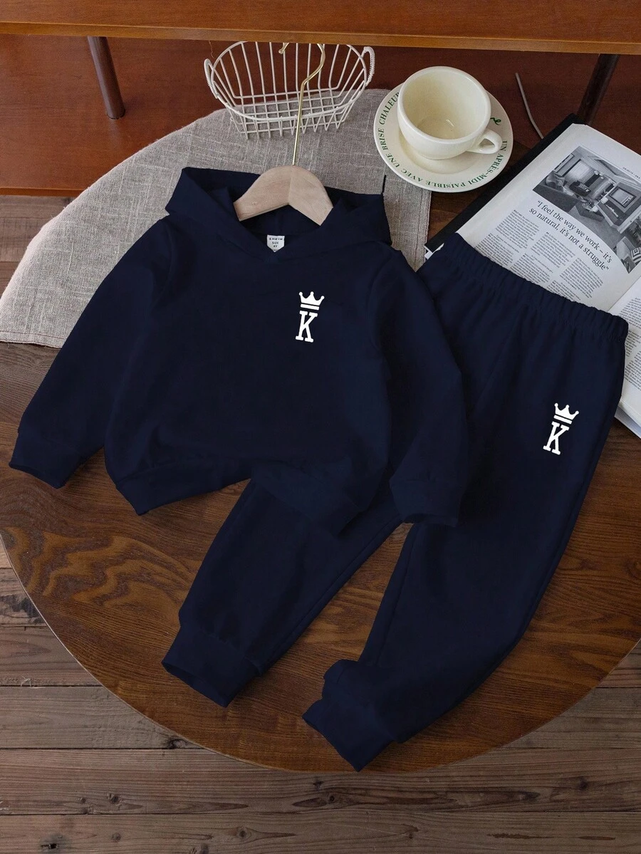 2pcs/Set Young Boys Navy Blue Hooded Sweatshirt And Knit Pants, Casual Sports Running Street Suit, Suitable For Autumn/Winter, Basic Outfit For Young Boys Boys Navy Blue Tracksuit Set Boys Casual Outfit Set Boys Two Piece Hoodie And Pants Set Toddler Boy Clothes Set Boys Autumn Winter Set Fall - Royal Blue - View 1