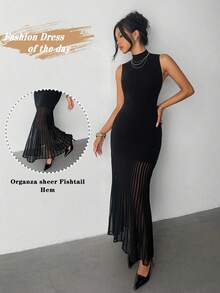 Elenzga Women's Elegant Fitted Mock Neck Organza Patchwork Hem Sweater Dress