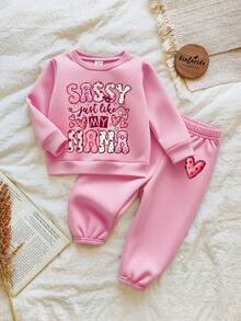 SHEIN 2 件套女婴服装，可爱心形和字母印花羊毛圆领长袖运动衫和羊毛心形印花裤，适合秋冬季外出 - 粉色 - 查看 1