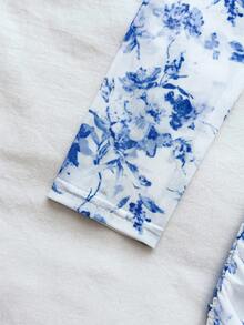 Teen Girls' Vacation Blue Floral Tie-Dye Print Square Neck Ruched Asymmetric Hem Long Sleeve Top And Mini Ruched Bodycon Skirt Set - Blue and White - View 5