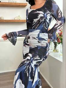 Modelyn Elegant Mesh Printed Round Neck Long Sleeve Fitted Plus Size Dress, Suitable For Spring And Autumn Fall Cloth For Women - Multicolor - View 3