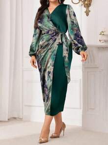 Modelyn Plus Size Damklänning med Blommigt Tryck och Sidoknut, Lanternärm - Multifärgad - Visa 3