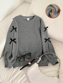 SHEIN Tween Girl Loose Casual Minimalist Comfortable Round Neck Long Sleeve Bow Decor Sweatshirt,In Fall/Winter - Grey - View 4