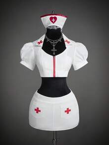 SHEIN ICON Women's Halloween Nurse Costume Set, Cross Decor Short Sleeve Cropped Zip-Up Top And Low-Waist Mini Skirt, Bodycon Sexy Cosplay Outfit