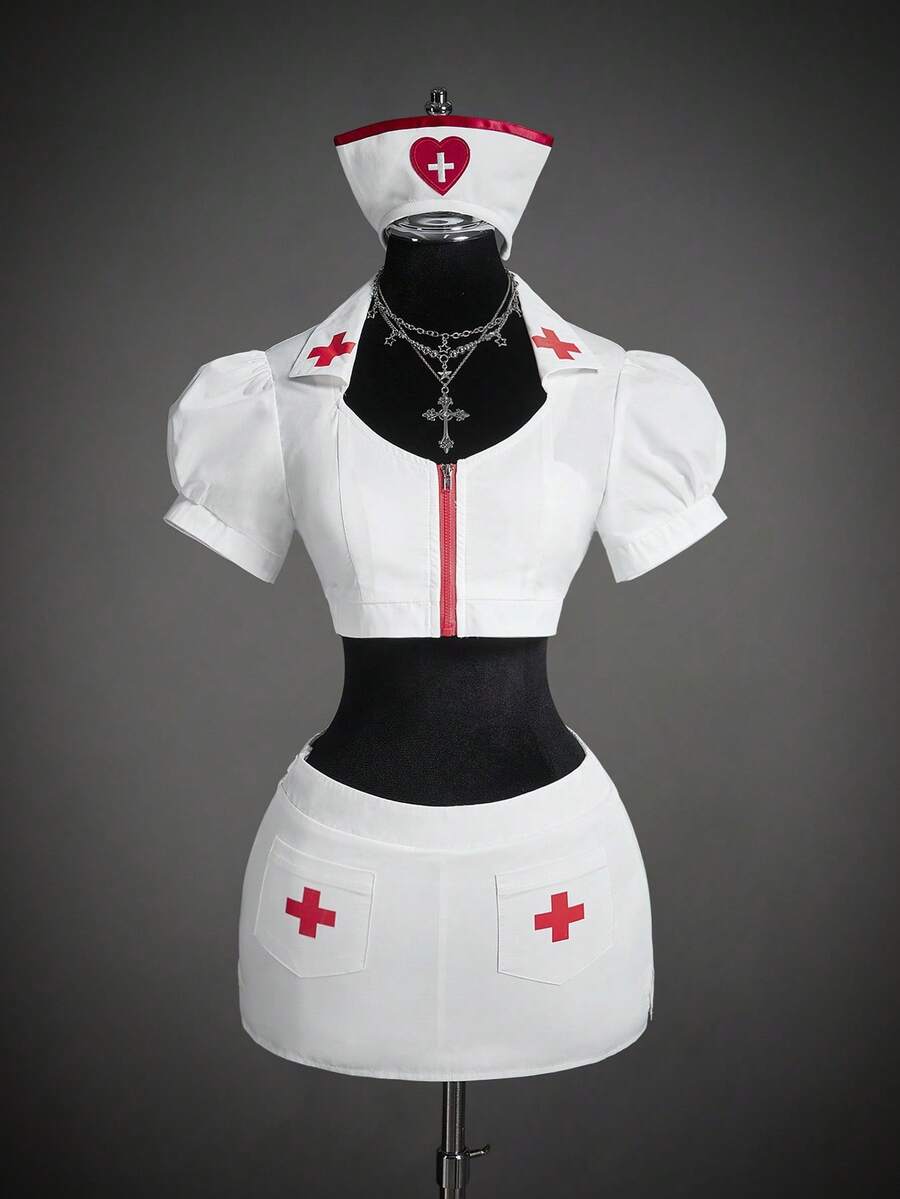 SHEIN ICON Women's Halloween Nurse Costume Set, Cross Decor Short Sleeve Cropped Zip-Up Top And Low-Waist Mini Skirt, Bodycon Sexy Cosplay Outfit