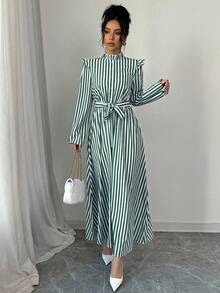 Elenzga 女式立领长袖前系腰休闲条纹中长连衣裙女装 - 墨綠色 - 查看 6
