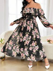 Modelyn Romantic Chiffon Floral Print Off Shoulder Long Sleeve A-Line Plus Size Dress, Spring/Autumn - Multicolor - View 7