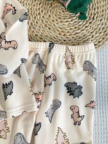 SHEIN Playful Pals 两件套幼儿男童恐龙印花加厚长袖上衣和裤子睡衣套装 - 卡其色 - 查看 5