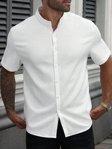 Manfinity Homme Men Plus Casual White Shirt,Textured Fabric Design,Summer Basic Casual Vacation,Suitable For Outdoor Activities,Daily Commute,Fashionable Gift For Him - White - View 6