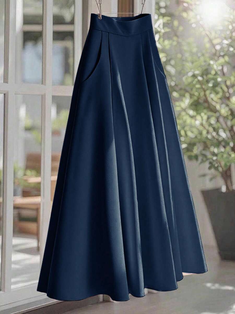 Franclia Váy nữ màu vàng trơn cạp cao thanh lịch mới - Xanh đậm - Xem 1