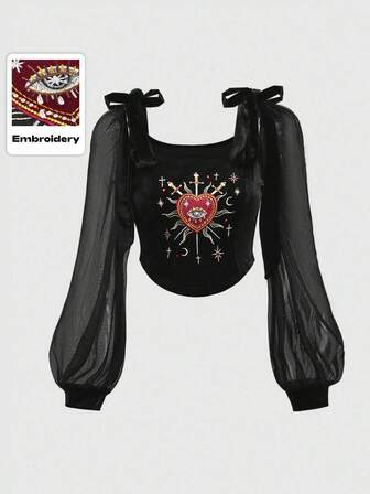 Goth Blusa inspirada en el estilo gótico para mujer en otoño, con bordado de corazón, adornos de cristal y strass en forma de lágrima, motivos de estrellas, mangas abullonadas, paneles de malla y detalles de lazo en los hombros