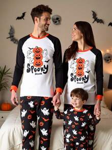 2 件套女士万圣节主题插肩袖撞色领牛奶丝面料家居睡衣套装女士万圣节睡衣，秋季服装