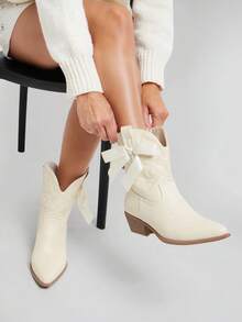 Solezae Women Comfortable Almond Toe Block Heel Western Boots With Ribbon Bowknot - Beige - View 6