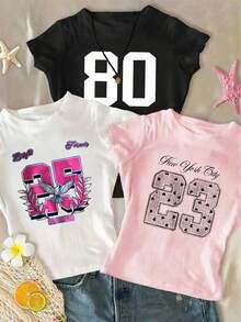 少女数字印花圆领短袖休闲T恤 - 彩色 - 查看 1