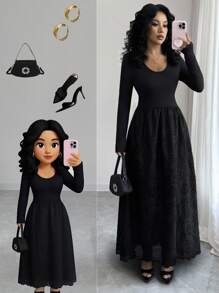 Rafferiza 时尚新款圆领长袖拼布刺绣镂空女式连衣裙