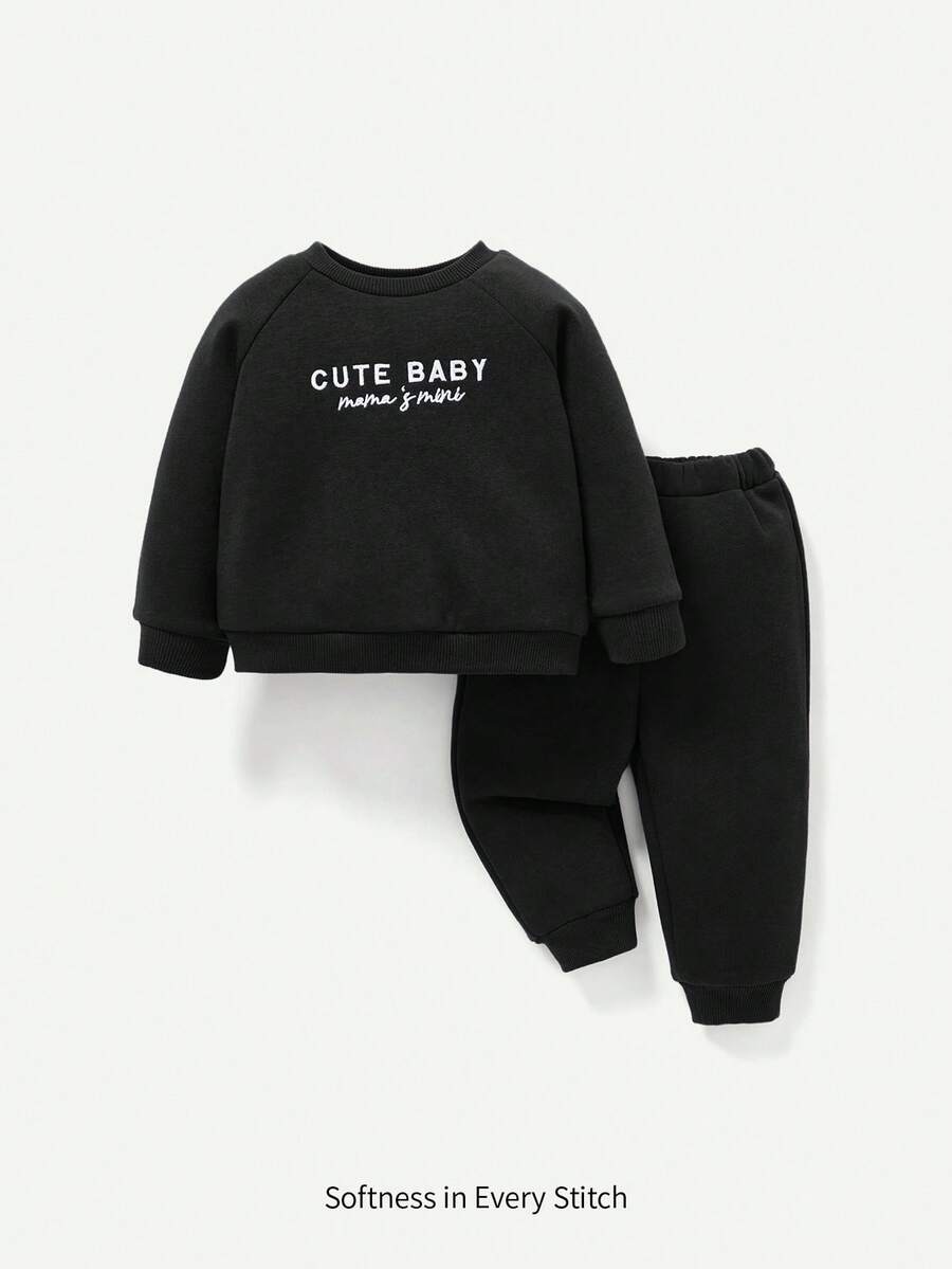 Cozy Pixies Bộ 2 áo nỉ cổ tròn tay raglan thêu chữ cho bé trai và quần dài - màu đen - Xem 1