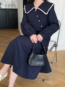 少女连衣裙撞色学院风中长连衣裙，优雅甜美海军蓝连衣裙，不对称连衣裙，彼得潘领蕾丝拼布连衣裙海军蓝连衣裙泡泡袖连衣裙翻领连衣裙女装长袖连衣裙 - 藏蓝色 - 查看 5