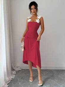 Elenzga 女士优雅束腰紧身中长连衣裙，花卉装饰，精致迷人的设计 - 紅色 - 查看 5