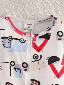 小男孩简约红色卡车印花长袖连体衣睡衣 - 彩色 - 查看 3