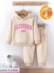 2 pezzi Set casual di moda per bambina, felpa con cappuccio e pantaloni in pile con stampa divertente a lettere, adatto per autunno/inverno, felpa con cappuccio e pantaloni in colore albicocca della California, 2 pezzi per uso quotidiano e gioco - Albicocca - Visualizzare 3