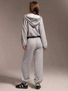 Hanevo Bộ 2 áo hoodie dáng rộng thoải mái dạo phố có túi và quần cạp chun có dây rút - Màu Xám nhạt - Xem 2