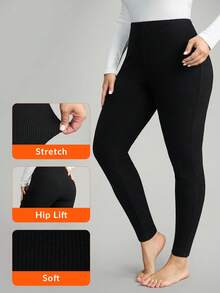 Comfylo Plus Size Women's Thermal Lined Long Leggings Work/Office Gym Fall Work/Office Gym Autumn High Stretch Ribbed Leggings Fall/Winter Chic Winter Thermal Lined Leggings - Dark Green - View 5