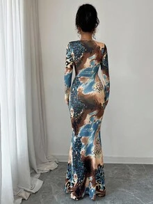 Rafferiza 优雅合身豹纹鱼尾连衣裙，正面扭纹细节，长袖 - 彩色 - 查看 2