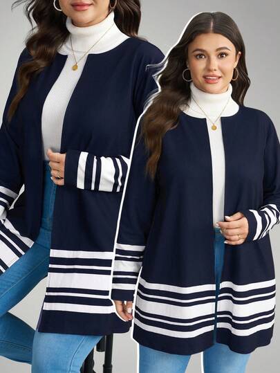 Comfylo 大码女式条纹长袖开襟休闲长款开衫