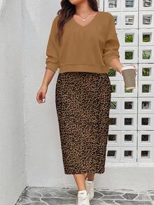 EMERY ROSE Back To School & Teacher's Day Plus Size Women Casual All-Over Leopard Print Sweatshirt Dress 2 Pieces Set, Autumn/Winter