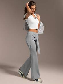 Hanevo Women's Grey Casual Sports Yoga 2 In 1 Fitted Long Flare Leggings - Light Grey - View 1