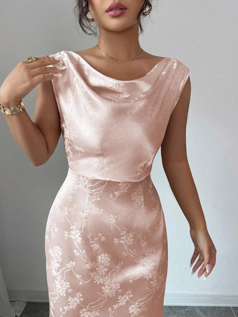 Elenzga 女式杏色缎面花卉纹理优雅垂坠领连衣裙 - 藕粉色 - 查看 1