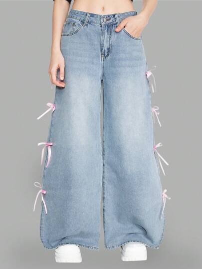 Kawaii Pantalones anchos y sueltos con pernera acampanada, bordados con lazo en color azul claro vintage Y2K para mujeres