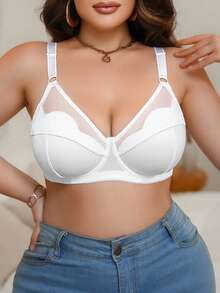 DesireSculpt 1 Áo ngực không gọng lưới họa tiết hoa vá màu trơn thời trang & thanh lịch, cỡ lớn - trắng - Xem 7