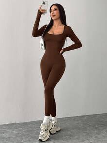 SHEIN PETITE Black Knitted Square Neck Tight Casual Sports Yoga Jumpsuit,Fall - Brown - View 3