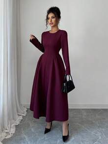 Elenzga Đầm Maxi Tay Dài Cổ Vuông Dáng Chữ A, Cổ Tròn, Phong Cách Pháp Lãng Mạn, Dễ Thương, Thời Trang Công Sở, Dạo Phố, Tiệc Trà Chiều, Lễ Tạ Ơn, Trở Lại Trường, Có Nơ Thắt Eo, Tay Phồng, Phù Hợp Cho Mùa Xuân, Mùa Thu, Mùa Đông - Màu Tím - Xem 3