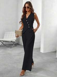 Chiquease Button Front Vest Blazer & Wide Leg Pants - Royal Blue - View 1