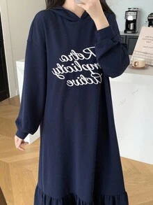 SHEIN 少女学院风字母图案荷叶边下摆连帽连衣裙 - 藏蓝色 - 查看 5