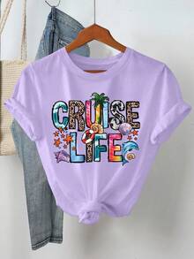 بلوزة كاجوال بأكمام قصيرة للنساء ذوات الحجم الكبير مع طباعة حرف وشجرة النخيل، بياقة دائرية