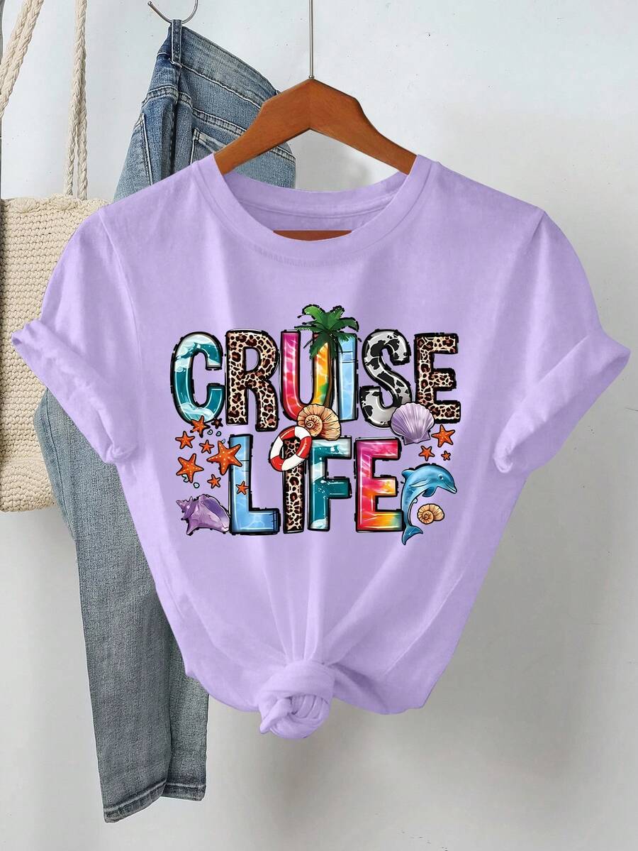 بلوزة كاجوال بأكمام قصيرة للنساء ذوات الحجم الكبير مع طباعة حرف وشجرة النخيل، بياقة دائرية