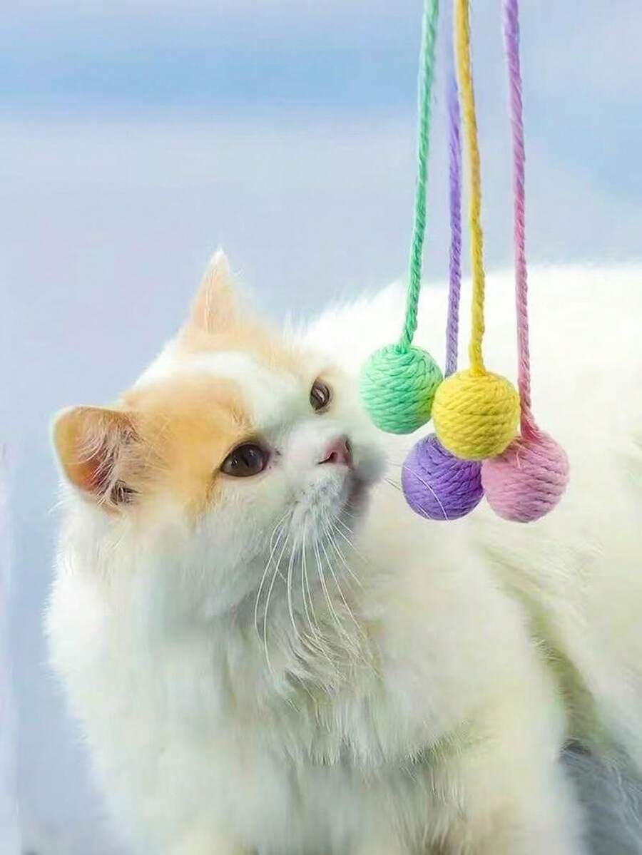 PETSIN 1 宠物棉绳猫玩具，马卡龙棉绳尾巴球猫玩具；猫咪自娱自乐，解闷磨牙玩具；猫咪玩具，宠物用品宠物玩具 - 彩色 - 查看 1