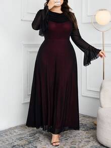 Modelyn 大码女式撞色垂坠领口网眼拼接喇叭袖优雅连衣裙 - 黑色 - 查看 1