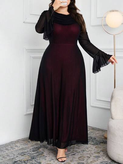 Modelyn 大码女式撞色垂坠领口网眼拼接喇叭袖优雅连衣裙