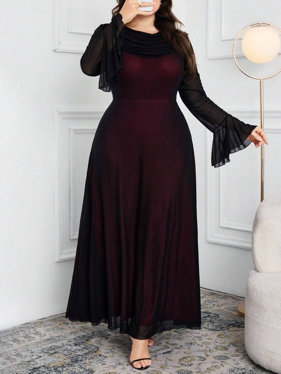 Modelyn 大码女式撞色垂坠领口网眼拼接喇叭袖优雅连衣裙 - 黑色 - 查看 1