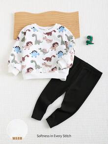 Cozy Pixies 2 件套男婴卡通恐龙印花圆领长袖连帽衫和纯色喇叭裤套装 - 彩色 - 查看 6