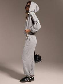 Hanevo Bộ 2 áo hoodie dáng rộng thoải mái dạo phố có túi và quần cạp chun có dây rút - Màu Xám nhạt - Xem 5