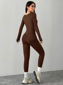 SHEIN PETITE Black Knitted Square Neck Tight Casual Sports Yoga Jumpsuit,Fall - Brown - View 2