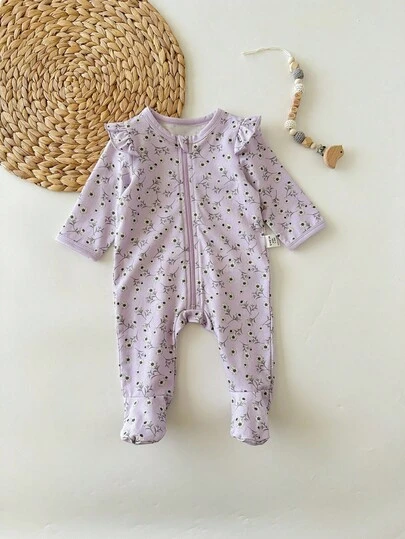 Loomiva 新生女宝宝碎花针织柔软圆领荷叶边长袖连体衣紫色拉链连体衣秋冬款