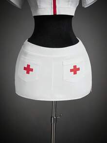 SHEIN ICON Women's Halloween Nurse Costume Set, Cross Decor Short Sleeve Cropped Zip-Up Top And Low-Waist Mini Skirt, Bodycon Sexy Cosplay Outfit