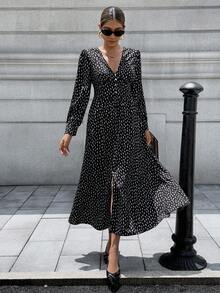 Chiquease 女式V领纽扣设计全印花长袖优雅连衣裙 - 黑與白 - 查看 4