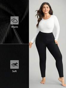 Comfylo Plus Size Women's Thermal Lined Long Leggings Work/Office Gym Fall Work/Office Gym Autumn High Stretch Ribbed Leggings Fall/Winter Chic Winter Thermal Lined Leggings - Dark Green - View 6